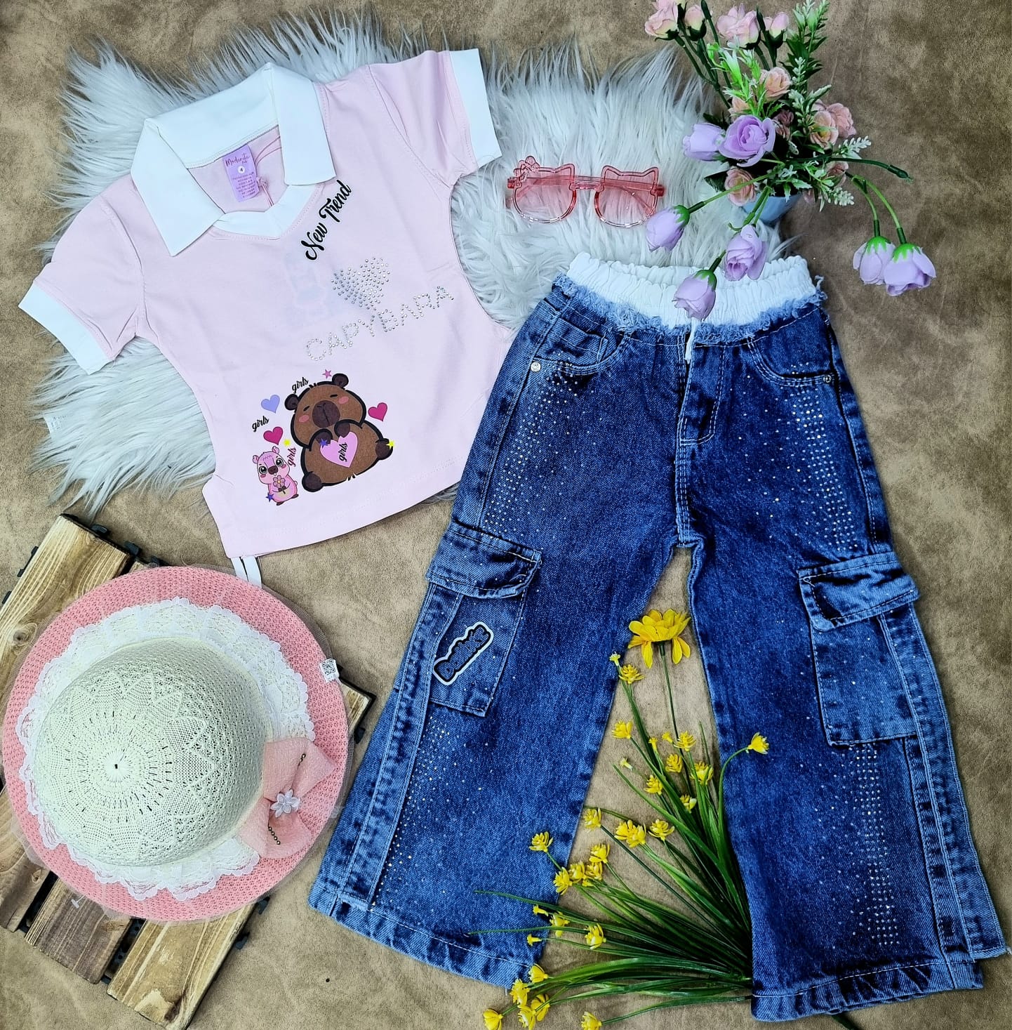 Conjunto para niña blusa capibara + jean pretina sudadera