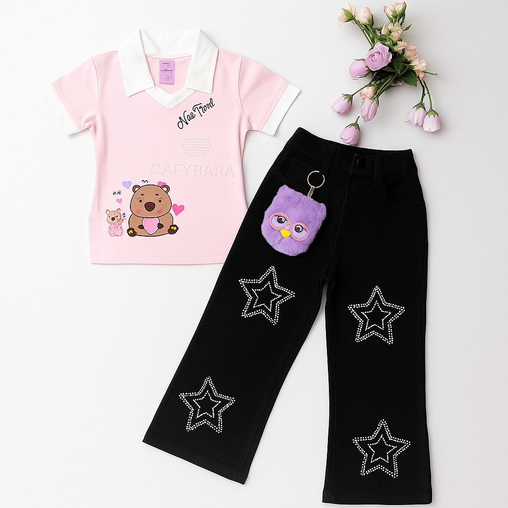 Conjunto para niña blusa capibara + Jean estrellas