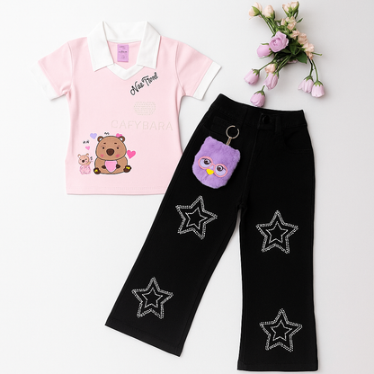 Conjunto para niña blusa capibara + Jean estrellas