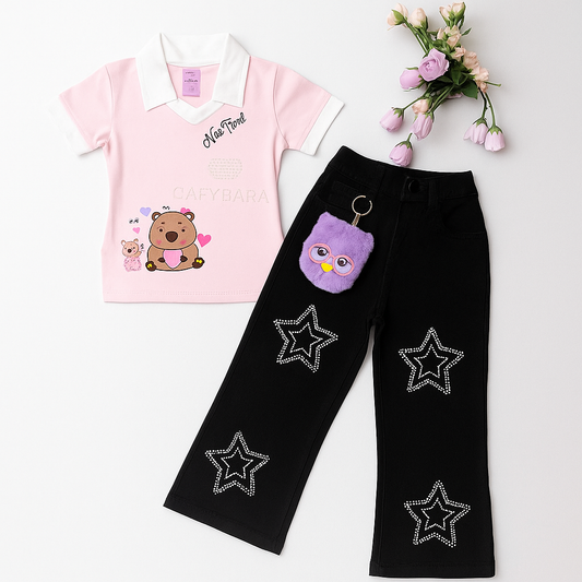 Conjunto para niña blusa capibara + Jean estrellas