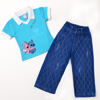 Conjunto para niña blusa stitch + jean brillitos