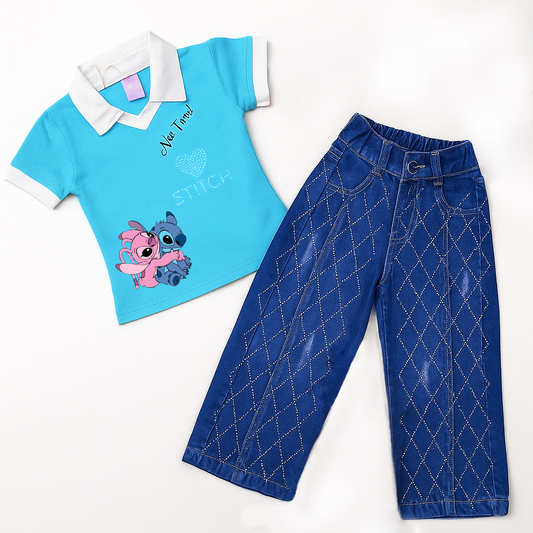 Conjunto para niña blusa stitch + jean brillitos