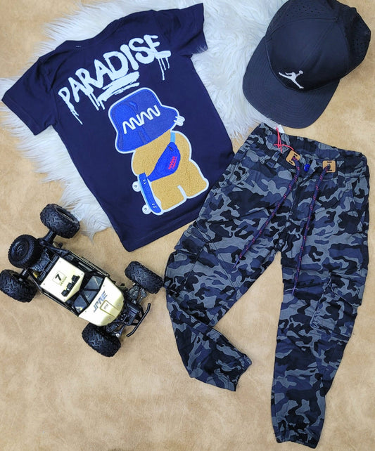 Conjunto para niño con pantalón camuflado militar azul petróleo