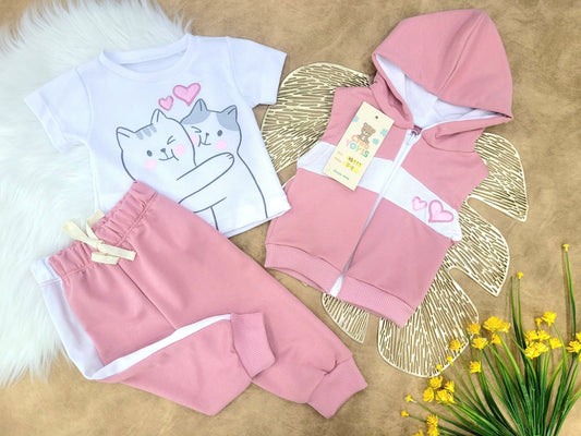 Conjunto bebé niña deportivo con chaleco gatitas (3 piezas)