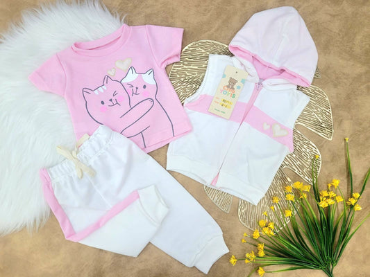 Conjunto bebé niña deportivo con chaleco gatitas (3 piezas)