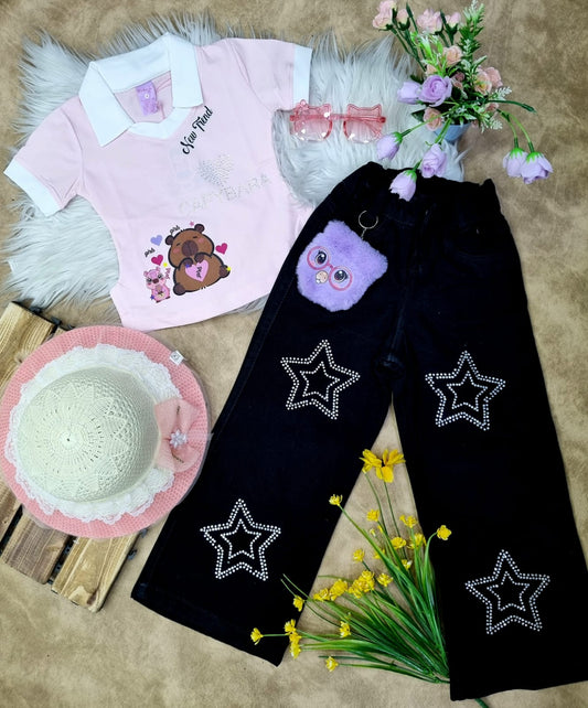Conjunto para niña blusa capibara + Jean estrellas