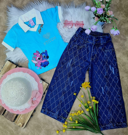 Conjunto para niña blusa stitch + jean brillitos