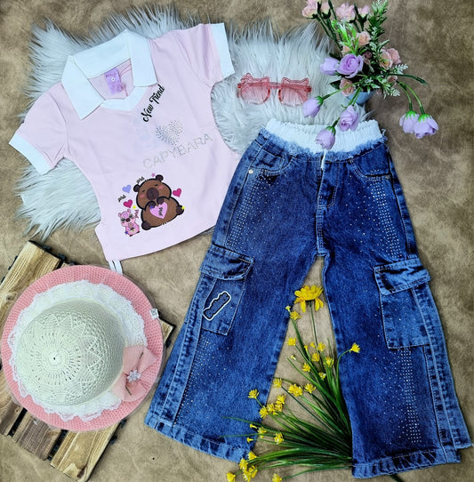 Conjunto para niña blusa capibara + jean pretina sudadera
