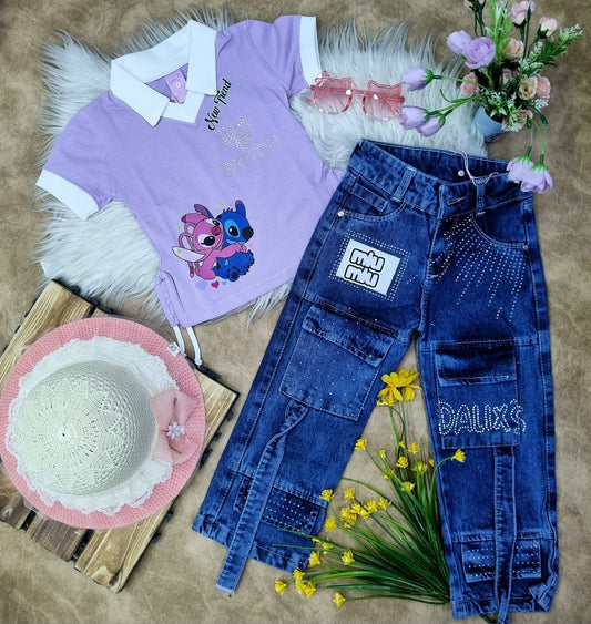 Conjunto para niña blusa stitch + jean miu miu